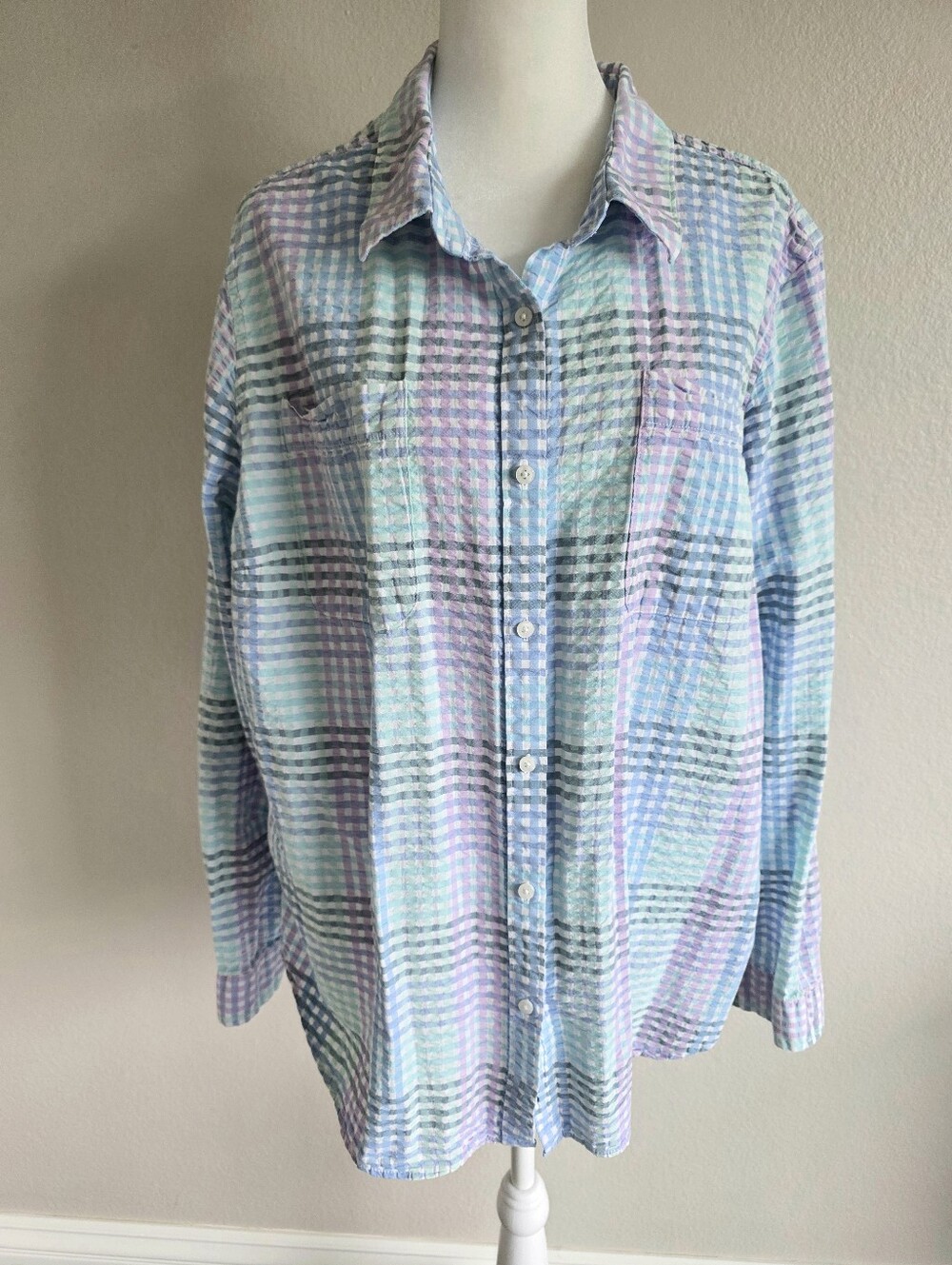L.L.Bean Women's Plus 2X Button Up Seersucker Shirt Long Sleeve Plaid Cotton